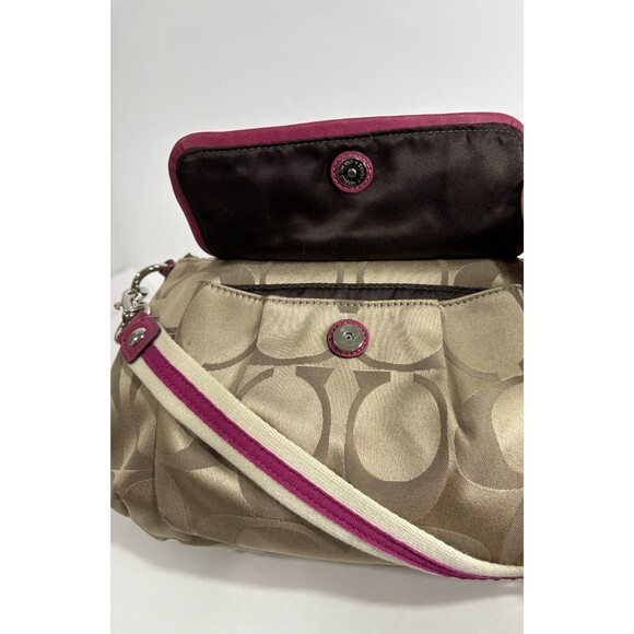 Coach Signature C Satchel Beige / Leather Hot Pink Trim Arm Handbag Crossbody - Picture 5 of 10